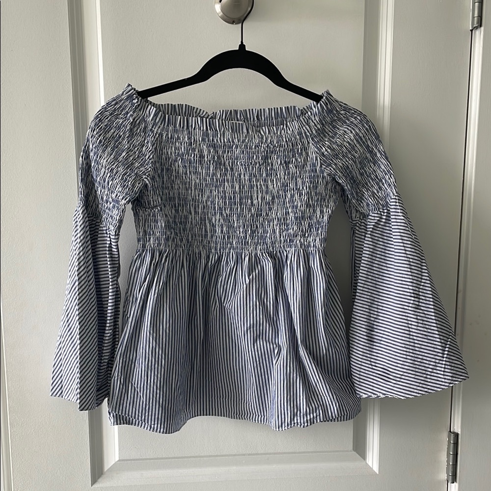 White and Blue Bell Sleeve Blouse with Smocked Texture